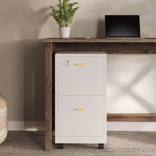 VOGREX White 2 Drawer Wooden Office Cabinet with Lock and Castors