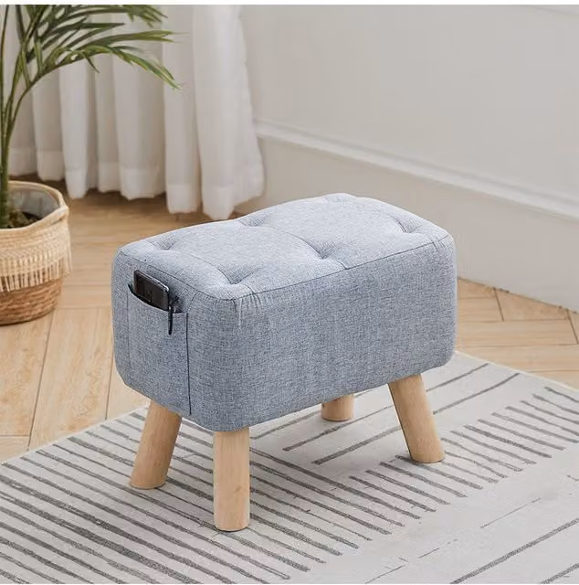 Living and Home Light Blue Linen Fabric Rectangular Footstool Pouffe Ottoman with Pocket