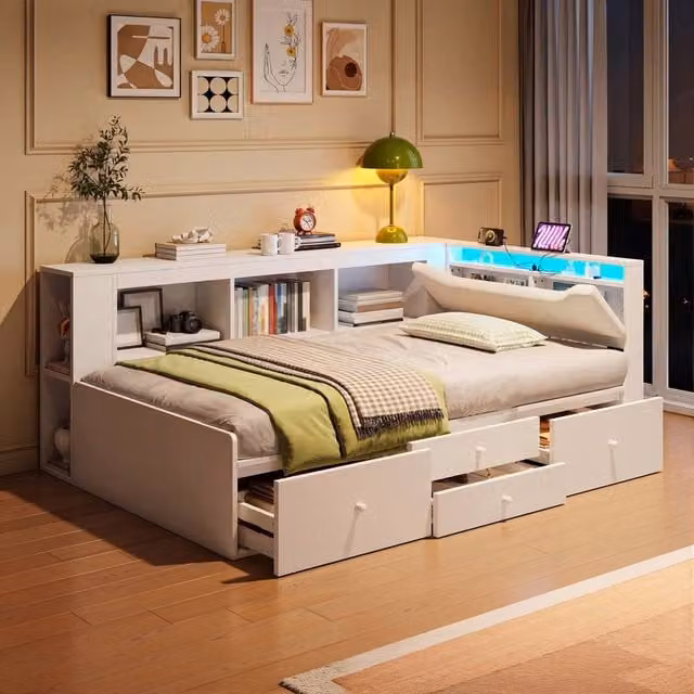 Merax Single Cabin Bed in White with LED Lighting, USB Charging Port and Fabric Headboard, W/D/H: 90 x 190 x 220 cm