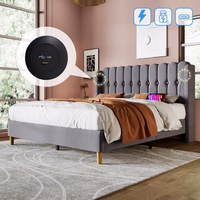 ModernLuxe Upholstered Fabric Bed in Grey with USB Charging Port and Wooden Slatted Frame, W/D/H: 140 x 103 x 197 cm