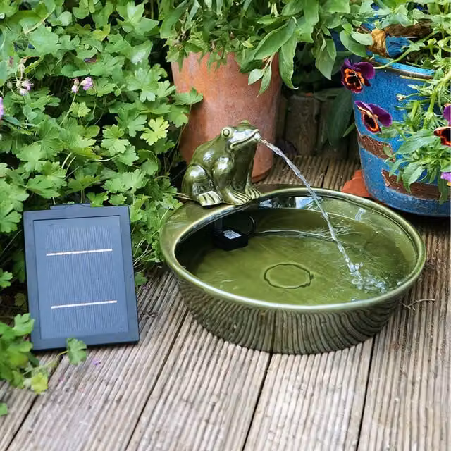Primrose Ceramic Perching Frog and Lily Pad Design Round Tabletop Water Feature, Green