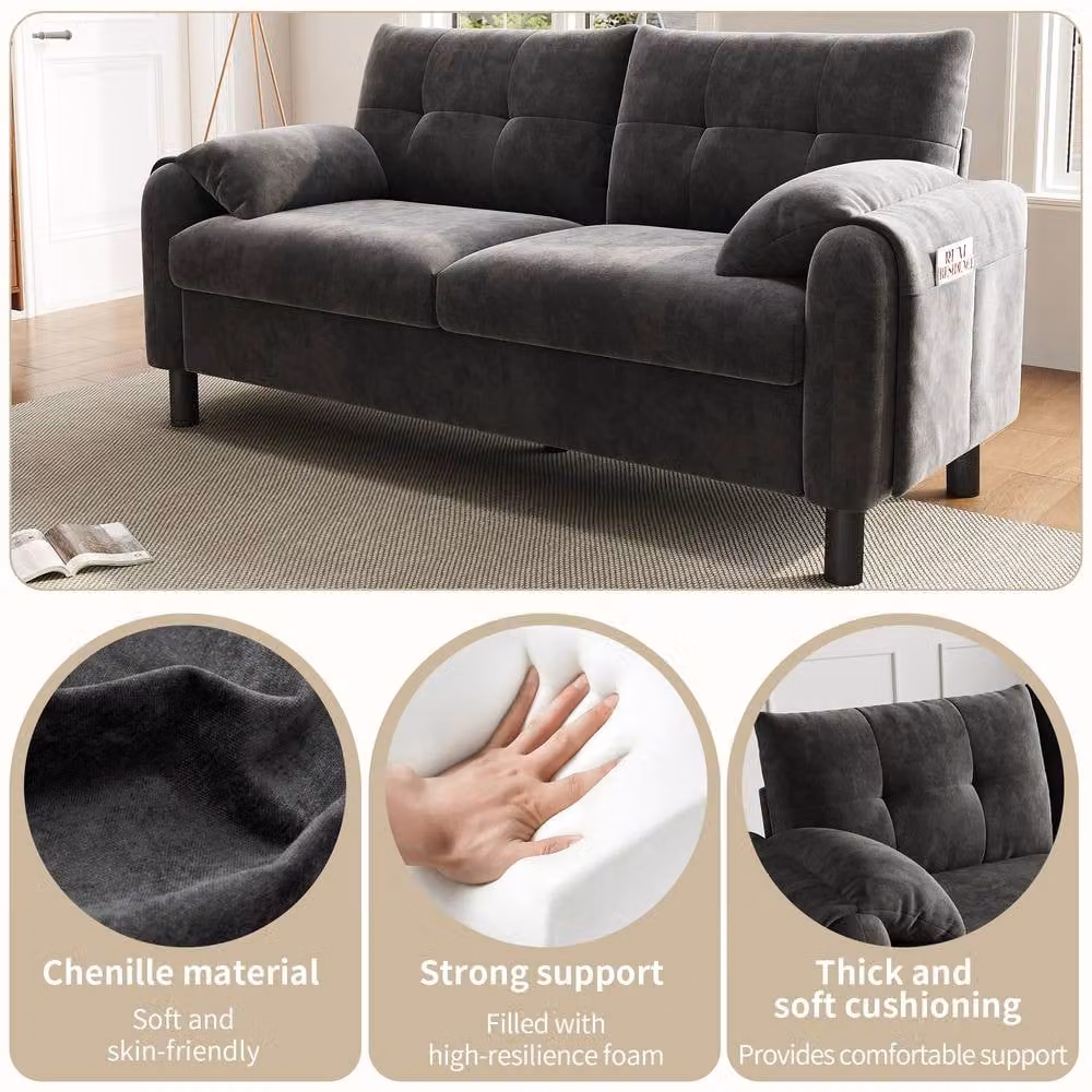 Rolipo Modern 2-Seater Grey Chenille Fabric Sofa with Solid Wood Frame – 3