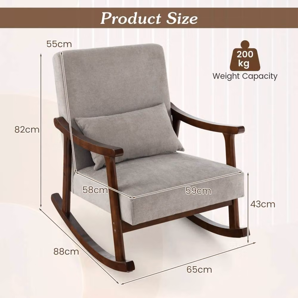Costway Grey Upholstered Wooden Rocking Accent Chair with Rubberwood Armrests – 2