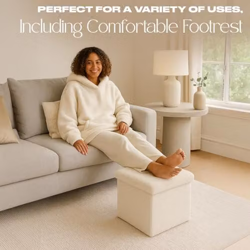 OHS Boucle Storage Ottoman and Footstool with Removable Lid in White and Beige, W/D/H: 40 x 40 x 40 cm – 2