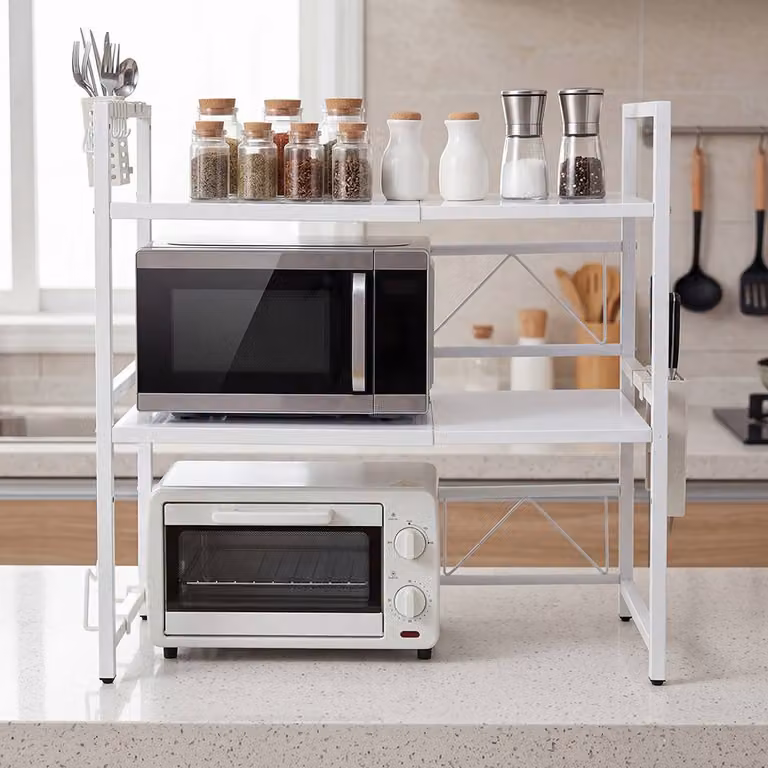 Toque 3 Tier Expandable Microwave Oven Rack Stand Kitchen Storage Shelf in White, W/D/H: 77 x 38.5 x 36 cm