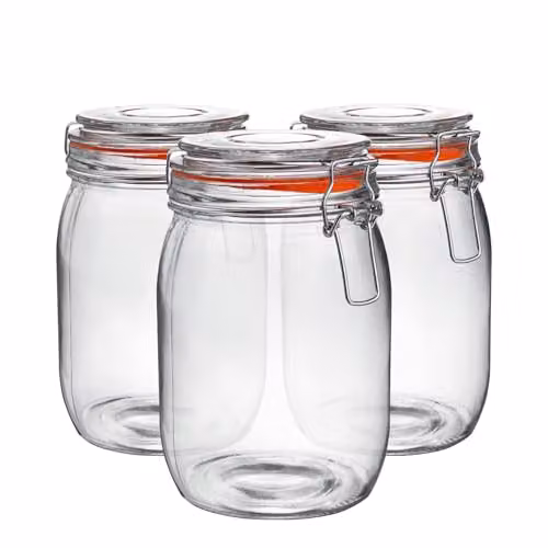 Argon Tableware Glass Jars with Airtight Metal Clip Lids, 1000ml, 6 Pack, Transparent with Orange Seals – 1