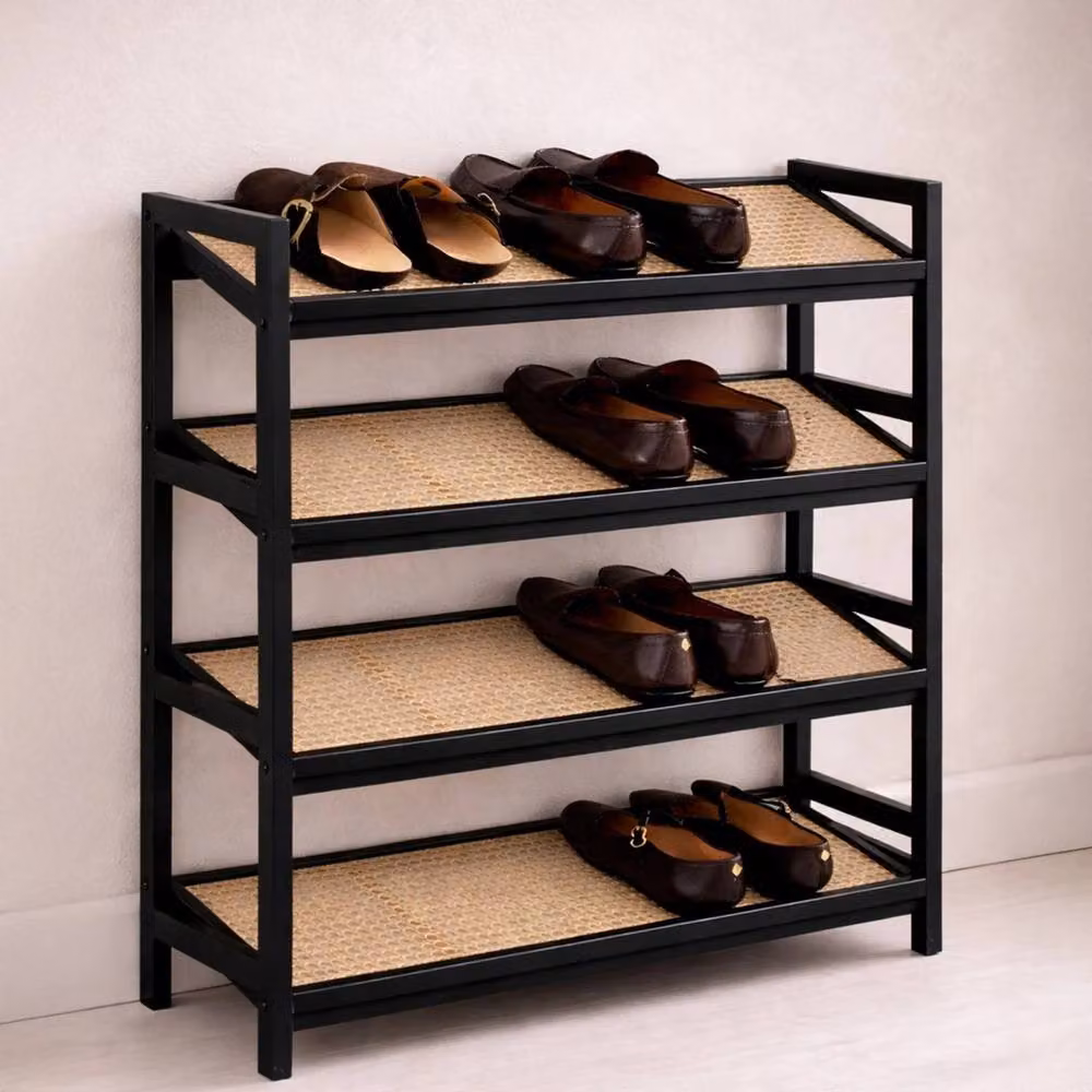 VOGREX Black 4 Tier Bamboo and Rattan Freestanding Shoe Rack for Hallways – 4