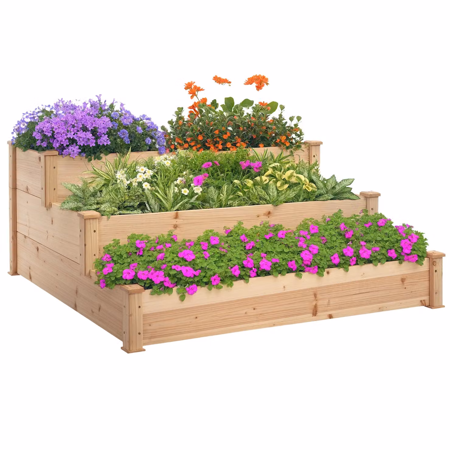 Outsunny 3-Tier Wooden Raised Bed Planter Kit in Beige or Brown, W/D/H: 124 x 124 x 56 cm – 3
