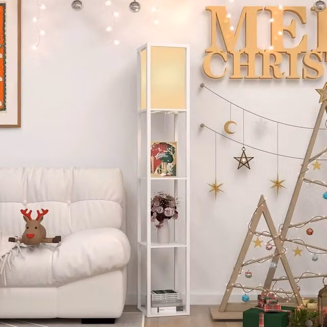 Kelvenix White Wood Floor Lamp with 3-Tier Storage, Height: 160 cm