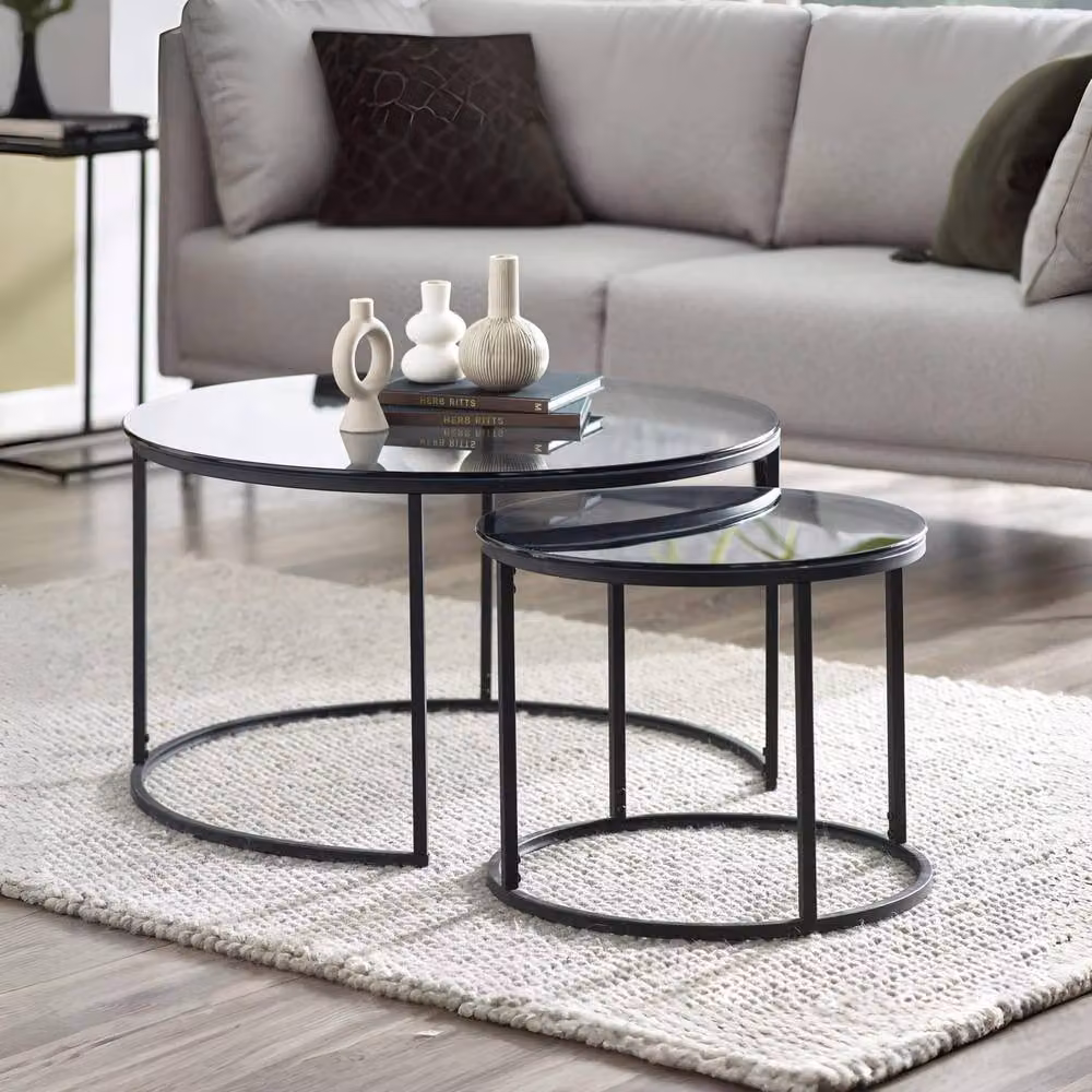Cheshire Stirling Round Nesting Coffee Tables in Smoked Glass and Black – 3