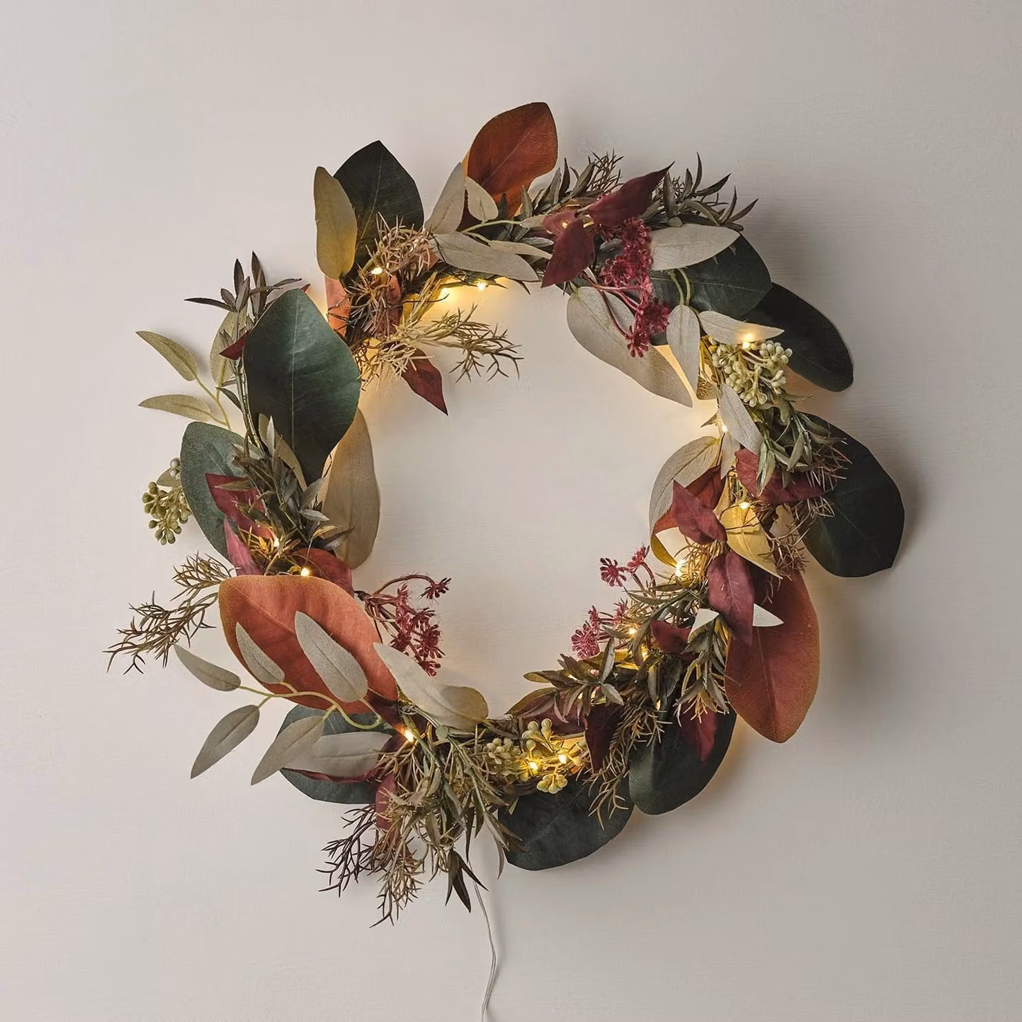 Lights4fun 40cm Artificial Autumn Winter Wreath with Faux Eucalyptus Leaves and 50 Multicolour White LED Micro Lights – 1
