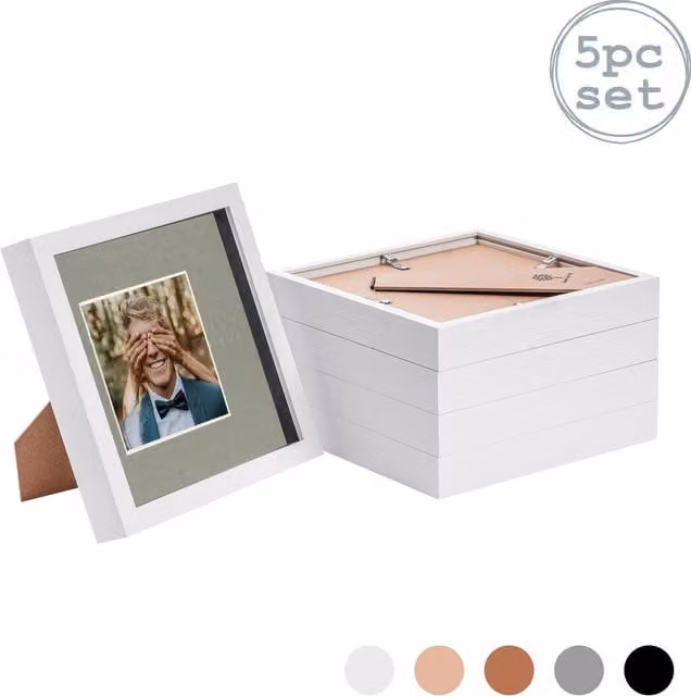 Nicola Spring Pack of 5 Square 3D Box Photo Frames in White and Grey, W/D/H: 20.32 x 20.32 x 5.0 cm