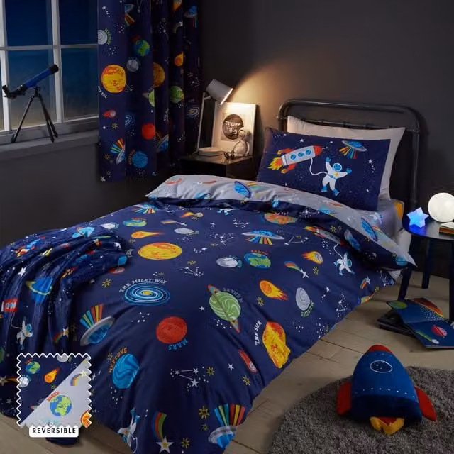 Catherine Lansfield Lost In Space Reversible Junior Duvet Cover Set and Pillowcases in Blue and Grey – 1