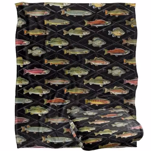 JQ Licensing Fish and Crossed Fishing Rods Pattern Super Soft Fleece Throw Blanket, White, W/D/H: 152 x 127 cm – 1