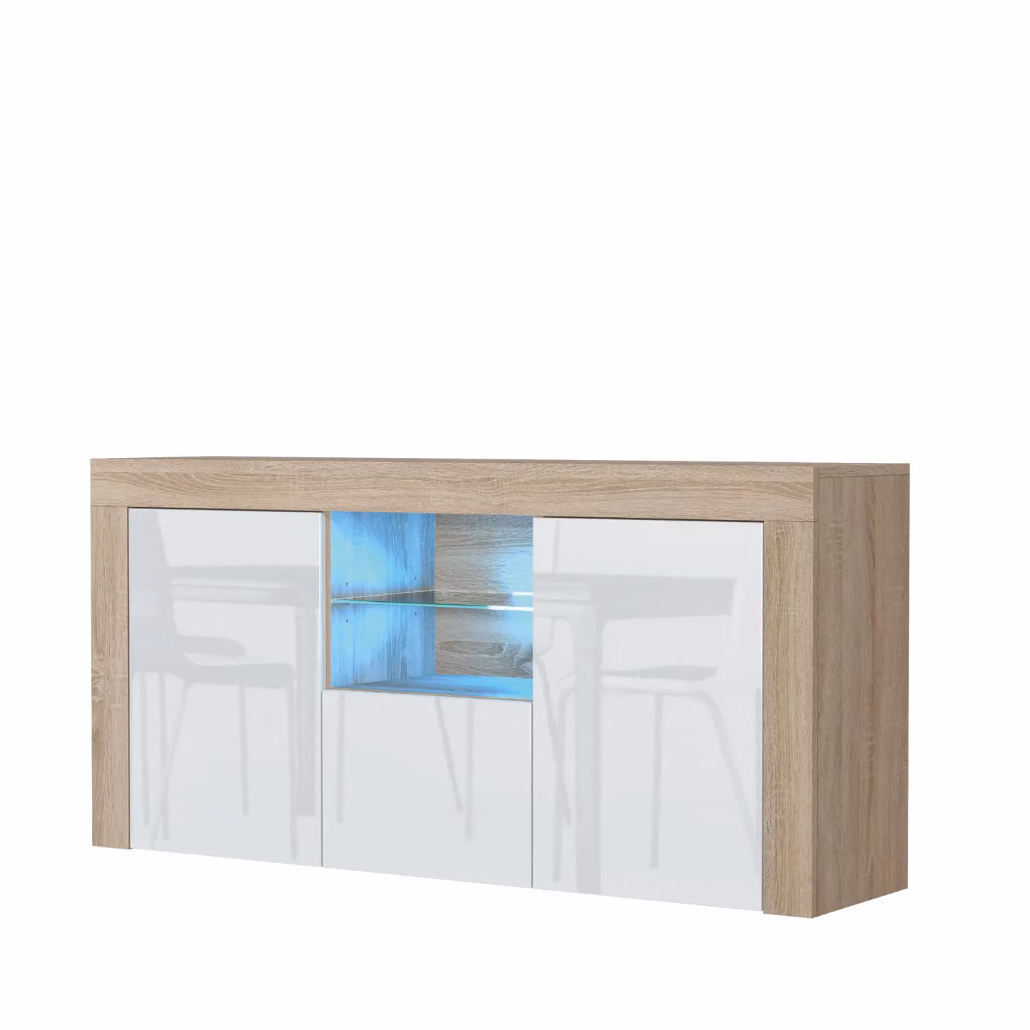 Mex Furniture LTD Modern Glossy Sideboard with LED Lighting in Light Oak, W: 145 cm, H: 70 cm, D: 35 cm – 2