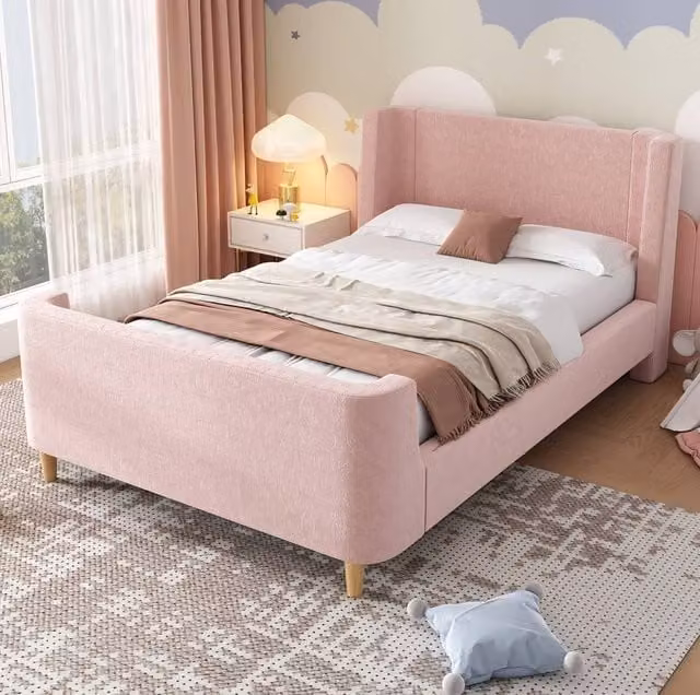 STILVORA Pink Velvet Upholstered Single Sleigh Bed, W/D/H: 90 x 190 x 76 cm – 1