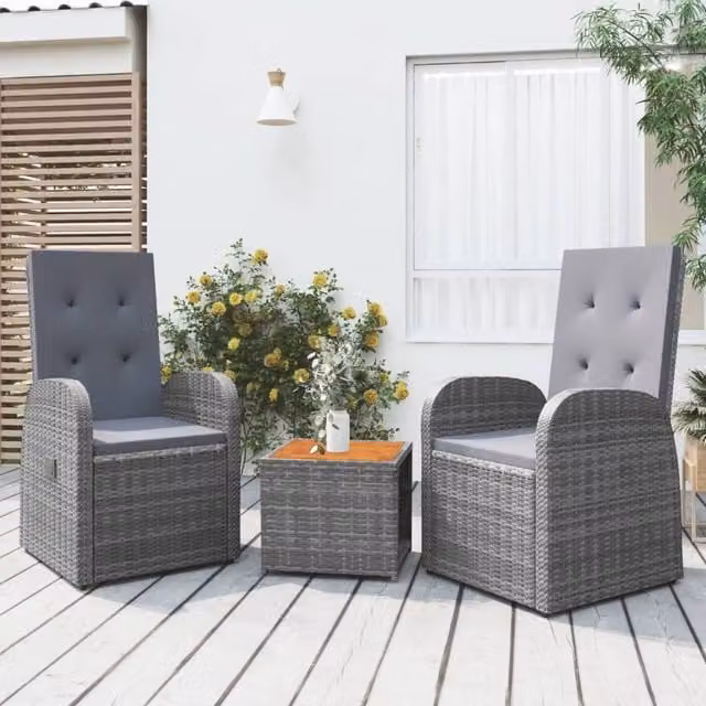 Berkfield Home 3 Piece Grey Poly Rattan and Acacia Wood Garden Lounge Set with Armchairs and Coffee Table