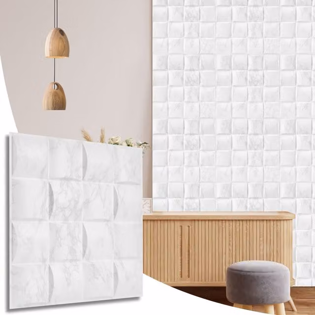 NOVECRAFTO Grey Square Grid Lattice 3D PVC Wall Panels, W/D/H: 50 x 50 x 0.25 cm, Pack of 12