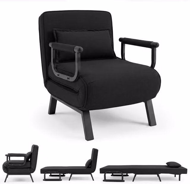 Costway Modern Convertible Sleeper Chair in Black with Armrests and Metal Frame