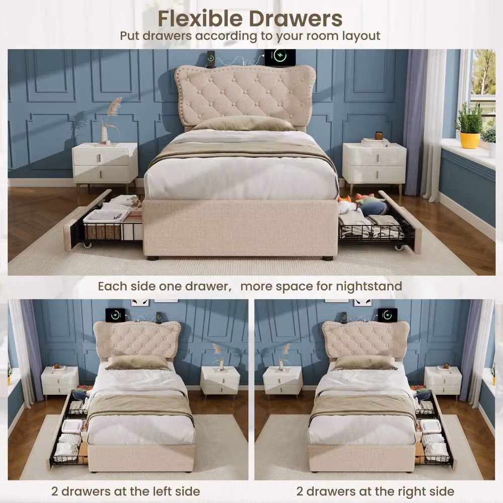 Merax 3ft Single Tufted Upholstered Bed with USB Charging Station and 2 Drawers, Beige, W/D/H: 90 x 190 cm – 3