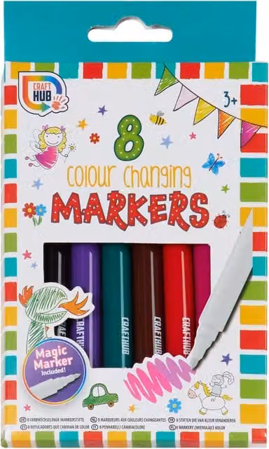 Craft Hub Pack of 8 Multicolour Colour Change Bullet Tip Ink Markers for Children Drawing and Colouring