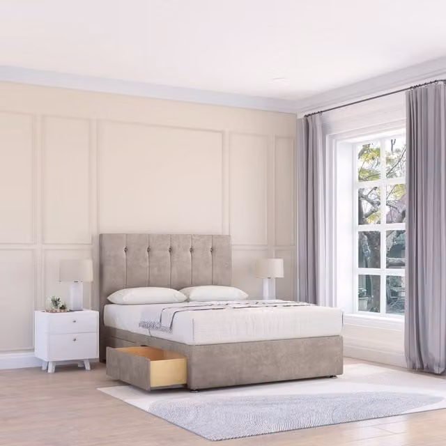 Sloomy Highbury King Size Divan Bed Base with 4 Drawers and Floor Standing Headboard in Sand Beige Fabric, W/D/H: 180 x 200 cm