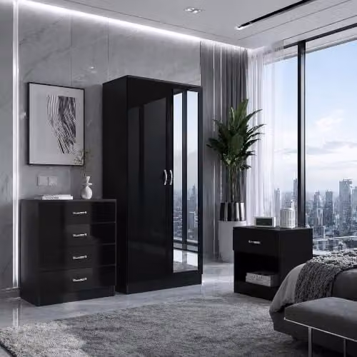 Harmin Black High Gloss 3 Piece Modern Bedroom Furniture Set – 1