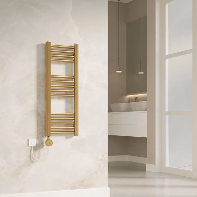 Banyetti Aureli Brushed Brass Electric Ladder Towel Rail Radiator in Gold, W: 300 mm, H: 800 mm