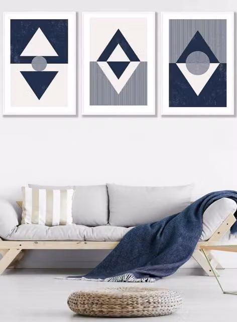 ARTZE Set of 3 Mid Century Geometric Navy Blue and White Abstract Wall Art with White Frames, W: 45 cm, H: 62 cm, D: 0.2 cm