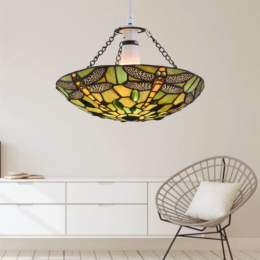 First Choice Lighting Laurel Set of 2 Green Multicolour Tiffany Dragonfly Glass Easy Fit Uplight Shades – 3