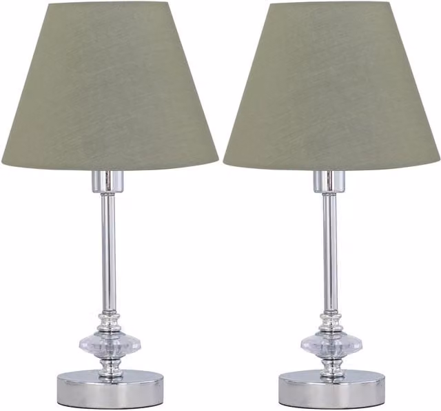 First Choice Lighting Set of 2 Chrome Jewelled Table Lamps with Sage Green Fabric Cone Shades – 1