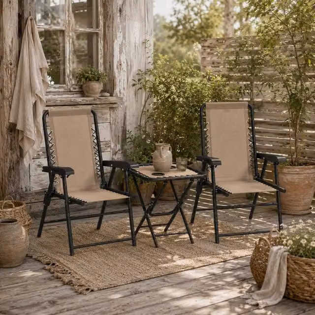 Wyld Haus Fihake 3 Piece Cream Folding Bistro Set with 2 Chairs and Coffee Table