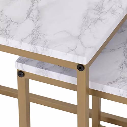 Seconique Dallas Nest of 2 Square Tables in White and Gold with Marble Effect Tops – 3