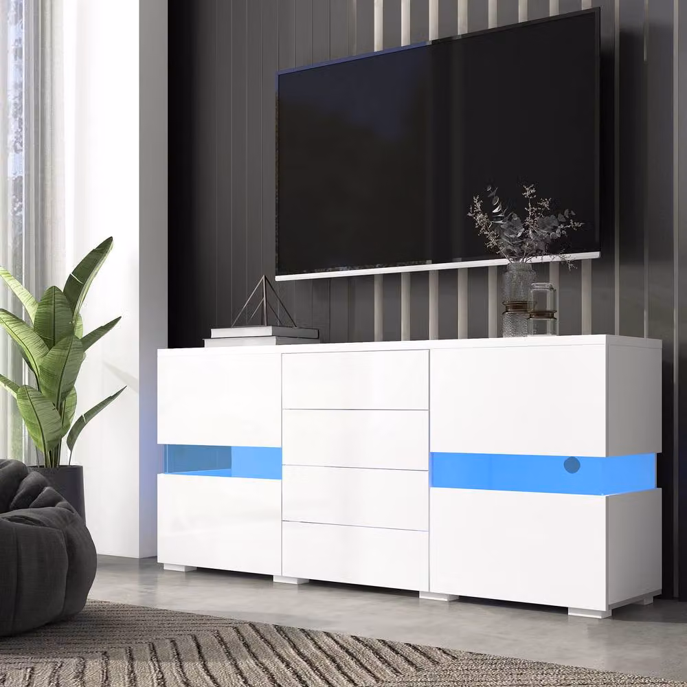 STILVORA Modern White Glossy TV Unit with Integrated LED Lights and Media Compartments, Width: 140 cm – 3