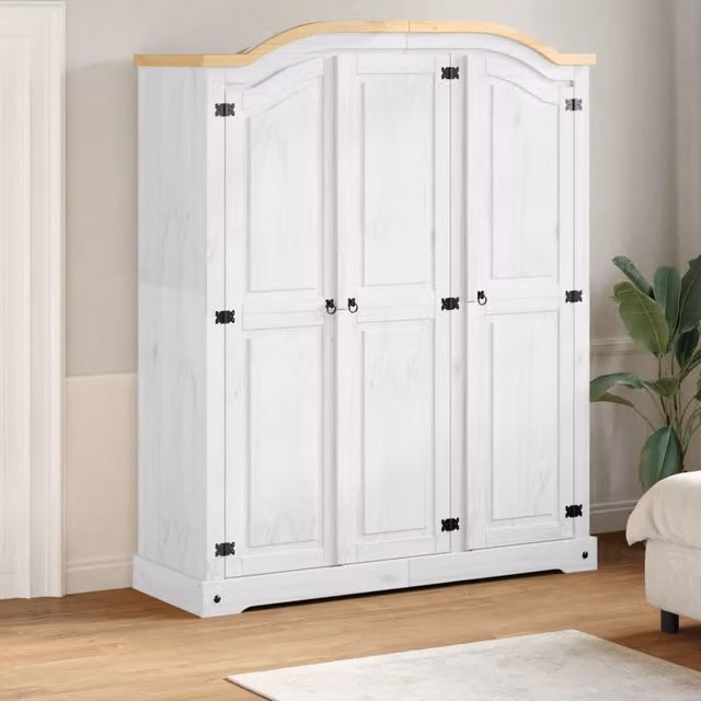 Berkfield Home Corona Wardrobe in White Solid Wood Pine, W/D/H: 151.5 x 52 x 186 cm