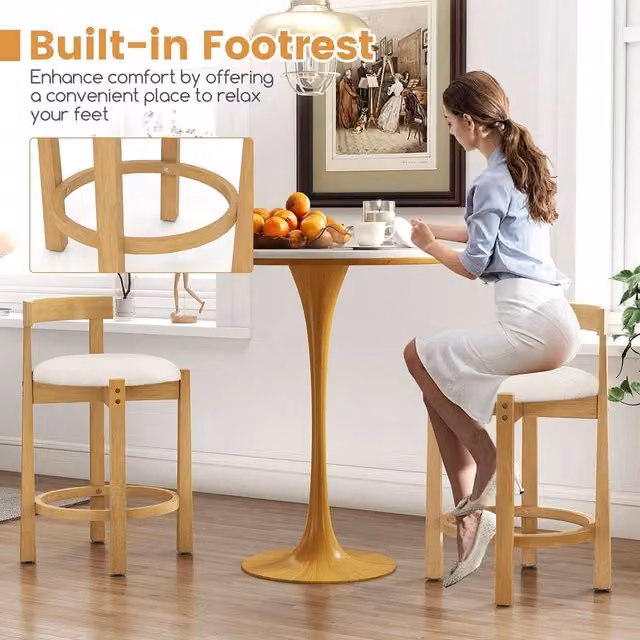 NESTLUNE Mid-Century Rubberwood High Barstools in Beige Velvet with Upholstered Frame