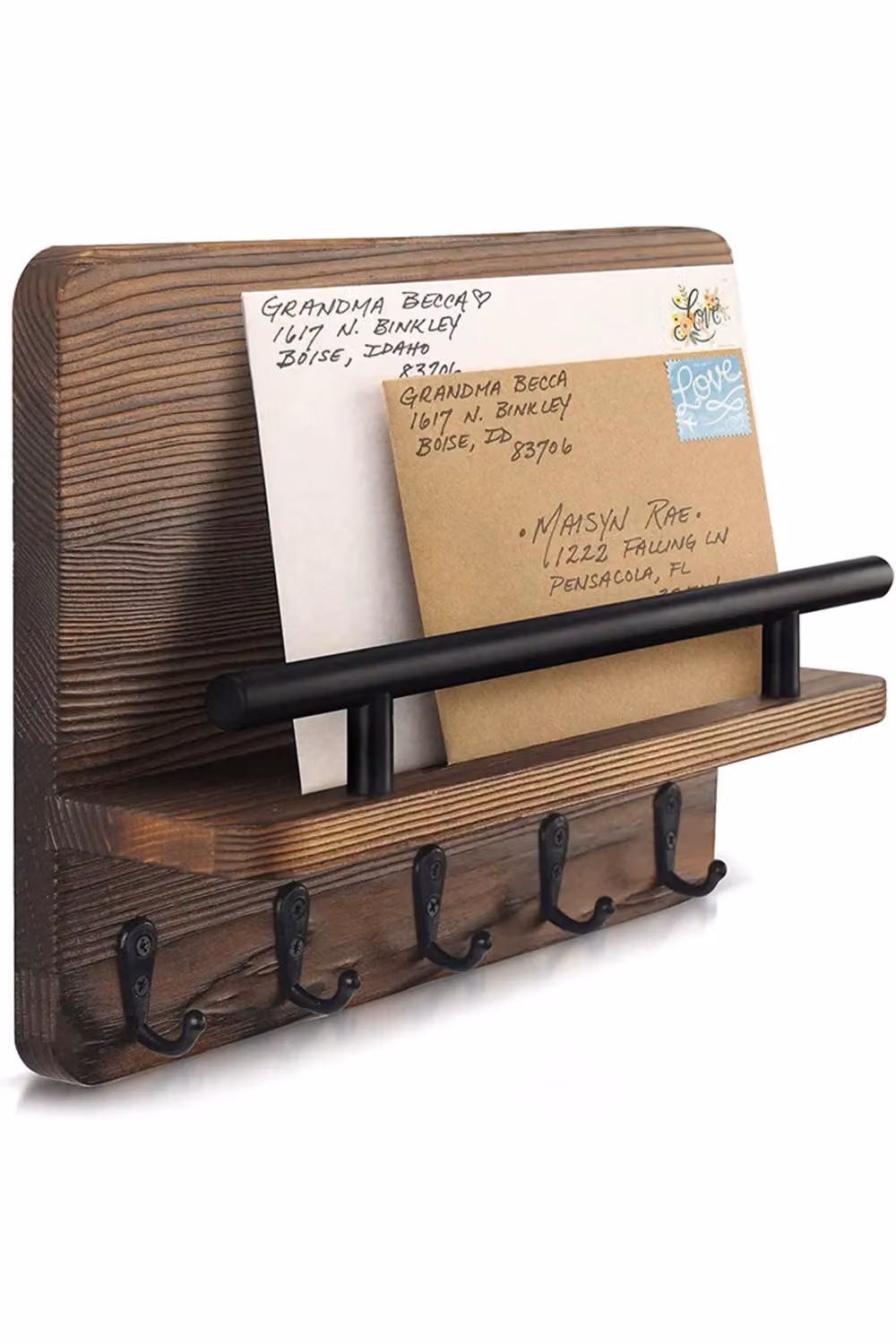 Living and Home 2-tier Rustic Paulownia Wood Wall Key Holder with 5 Hooks in Brown – 2