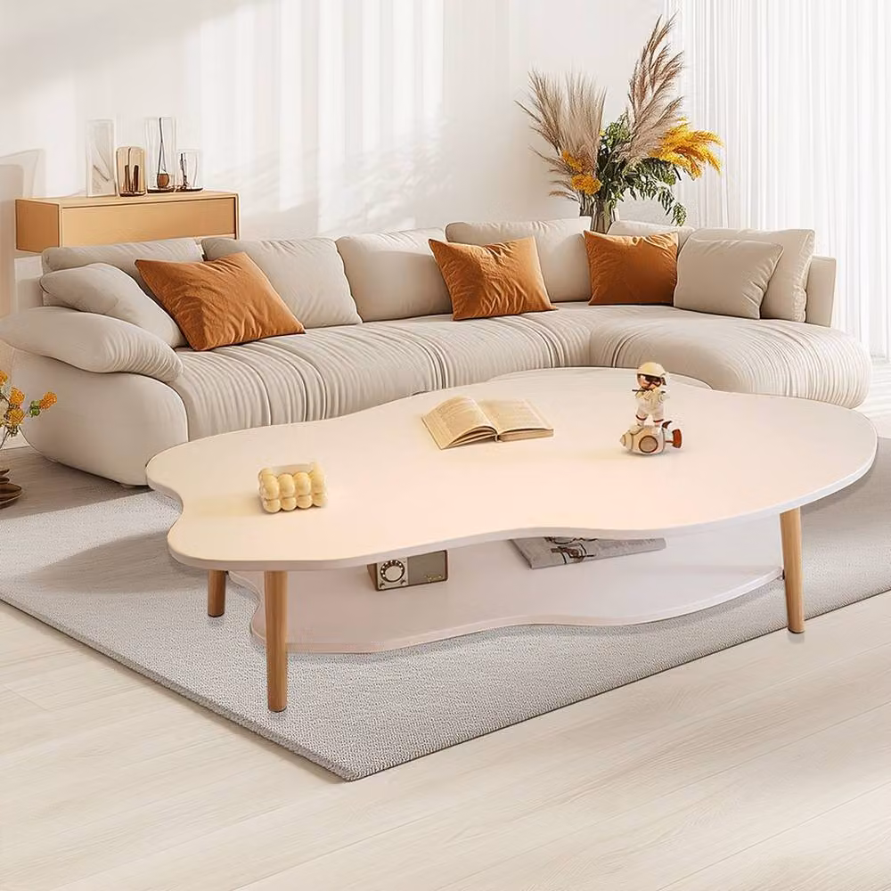 VOGREX 2 Tier Cloud Coffee Table with Storage Shelf, White, W/D/H: 100 x 50 x 40 cm – 3