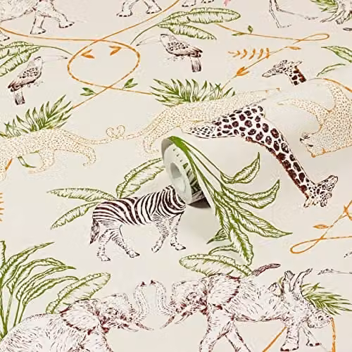 Riva Home Serengeti Animal Printed Washable Wallpaper in Sand and Multicolour