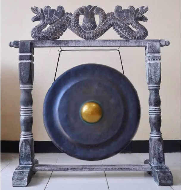 KDMK Handmade Black Bali Tabletop Gong with Stand and Ethnic Decor