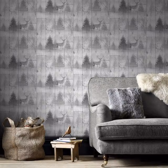 Fresco Highland Plank Grey Rustic Animal Print Paper Wallpaper