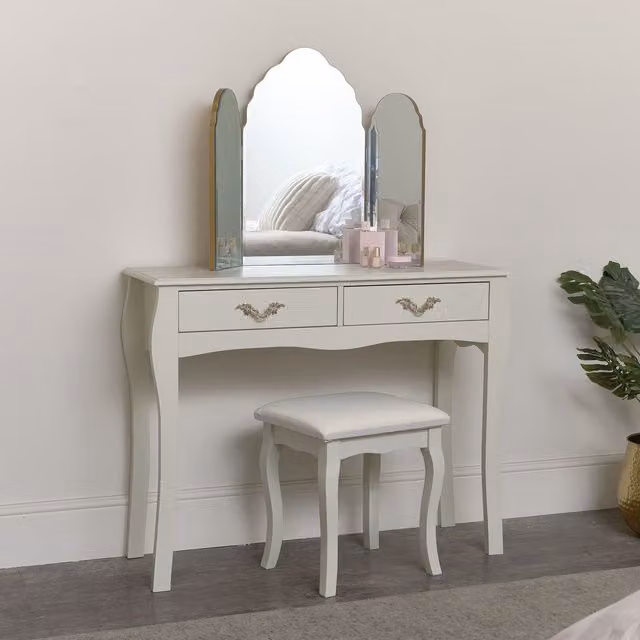 Melody Maison Elizabeth Dressing Table and Stool Set in Ivory White and Beige