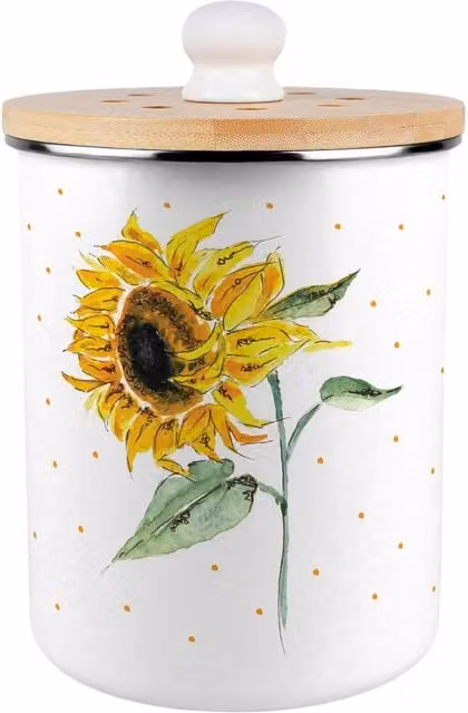 Purely Home Painted Sunflower Food Waste Caddy, Yellow and White Metal Compost Bin with Removable Inner Bucket and Odour Filter, 2L