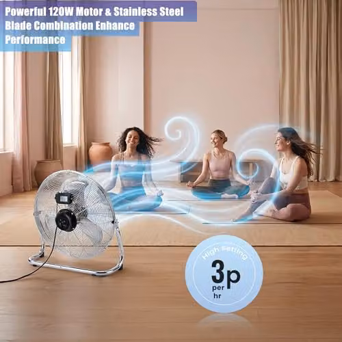 PureMate 20 inch Chrome Floor Fan in Silver and Black with 3 Speeds and Adjustable Head – 2