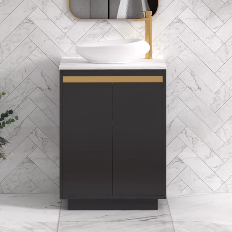 Royal Bathrooms Orion 600mm Matt Obsidian Black Floor Standing 2 Door Vanity Unit with Nova Basin and Brushed Brass Accent Trim