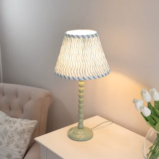 ValueLights Bobbins Green Table Lamp with Fabric Shade and Wood Base