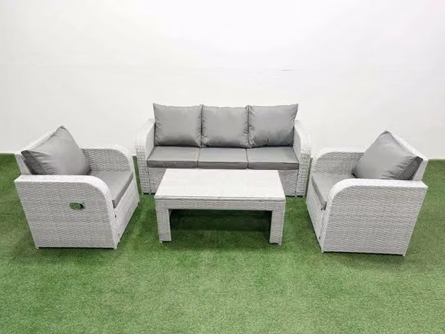 Fimous PE Rattan Garden Furniture Set with Reclining Chairs, Lounge Sofa and Rectangular Coffee Table in Light Grey