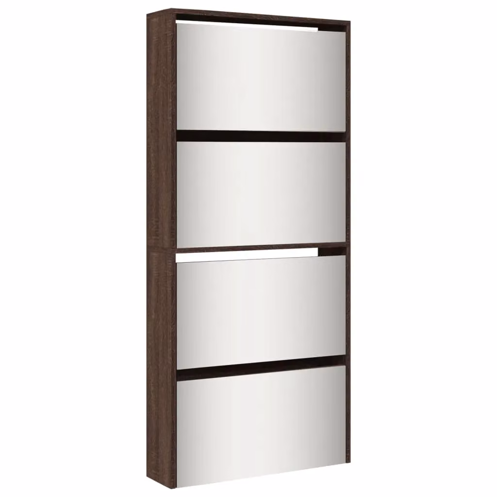 Berkfield Home Modern 4-Layer Shoe Cabinet with Mirror in Brown Oak, W: 63 cm, D: 17 cm, H: 134 cm