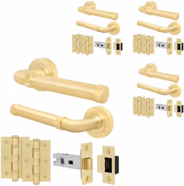 AFIT Brass Door Handle Latch and Hinge Set in Gold, 4 Pack – 1