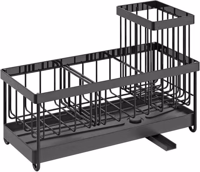 FORGEVIO Black Rectangular Metal Kitchen Sink Caddy with Auto-Draining Tray